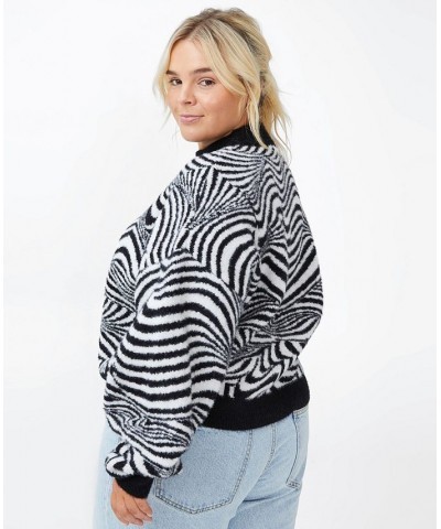 Trendy Plus Size Fluffy Optical Sweater Swirl Geo Black And White $19.03 Sweaters