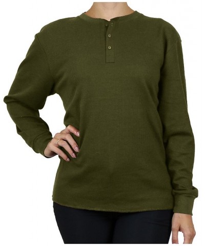 Women's Oversize Loose Fitting Waffle-Knit Henley Thermal Sweater Olive $17.64 Sweaters