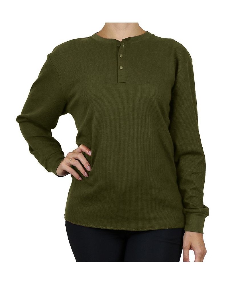 Women's Oversize Loose Fitting Waffle-Knit Henley Thermal Sweater Olive $17.64 Sweaters