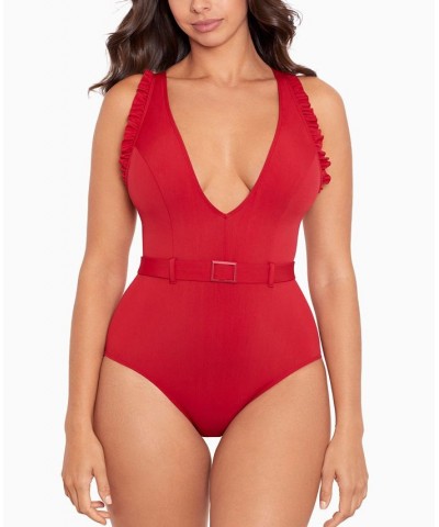 Jelly Beans Cinch Belted Ruffle Tummy Control One-Piece Swimsuit Cayenne $58.96 Swimsuits