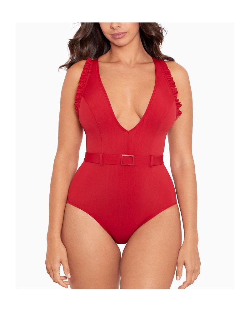 Jelly Beans Cinch Belted Ruffle Tummy Control One-Piece Swimsuit Cayenne $58.96 Swimsuits