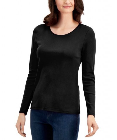 Petite Solid Long-Sleeve Crewneck Top Black $11.75 Tops