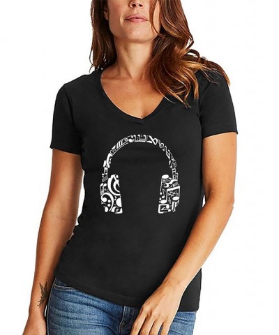 Women's Word Art Music Note Headphones V-Neck T-Shirt Black $16.10 Tops