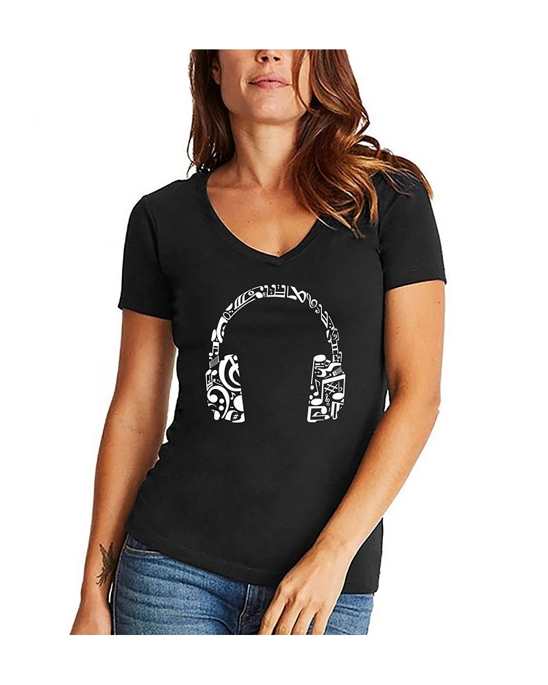 Women's Word Art Music Note Headphones V-Neck T-Shirt Black $16.10 Tops