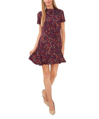 Women's Short Sleeve Printed Godet Dress With Bow Neck Spiced Wine $63.94 Dresses