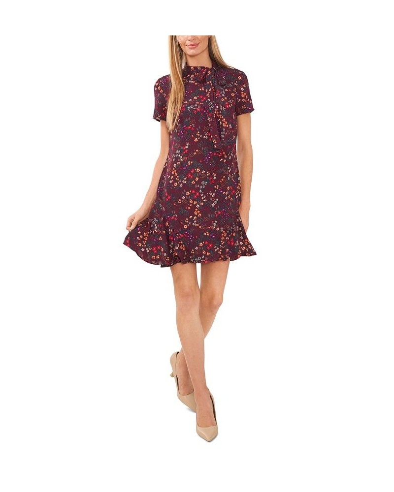 Women's Short Sleeve Printed Godet Dress With Bow Neck Spiced Wine $63.94 Dresses