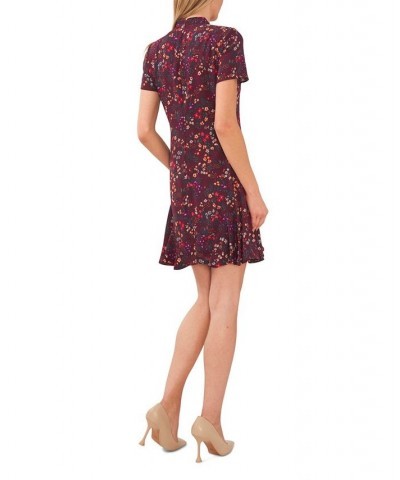 Women's Short Sleeve Printed Godet Dress With Bow Neck Spiced Wine $63.94 Dresses