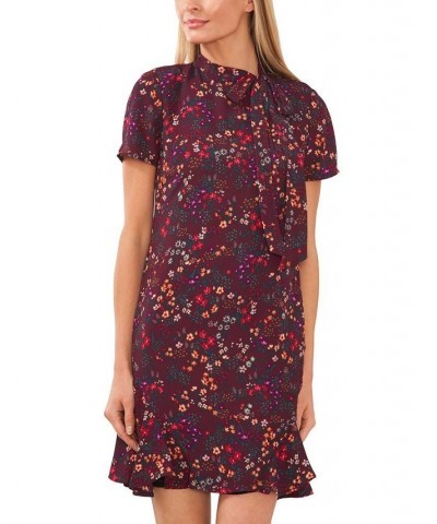 Women's Short Sleeve Printed Godet Dress With Bow Neck Spiced Wine $63.94 Dresses