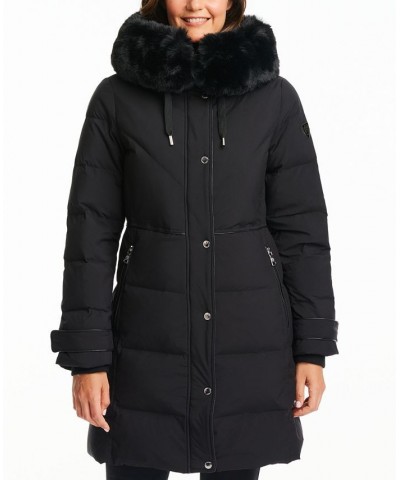 Women's Faux-Fur-Collar Hooded Puffer Coat Black $103.20 Coats