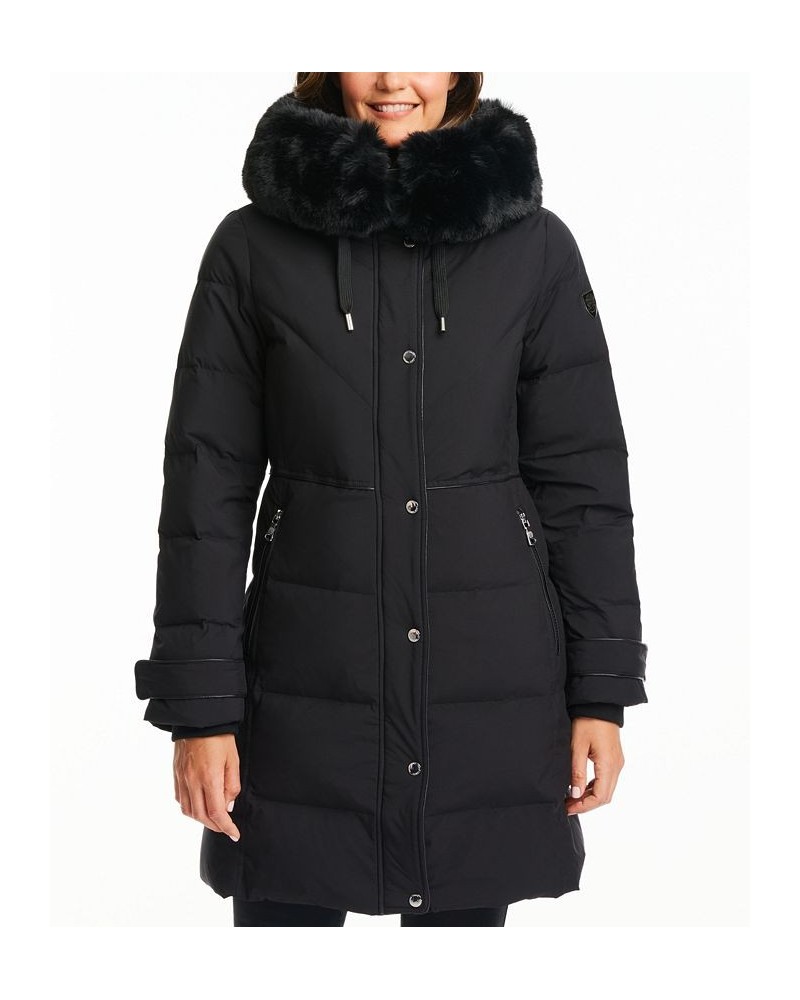 Women's Faux-Fur-Collar Hooded Puffer Coat Black $103.20 Coats