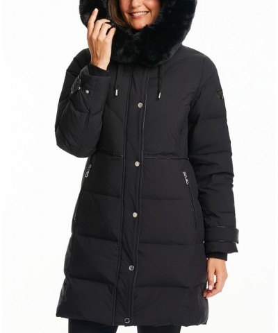 Women's Faux-Fur-Collar Hooded Puffer Coat Black $103.20 Coats