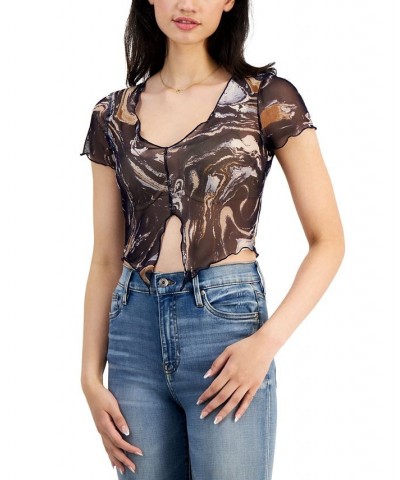 Juniors' Printed Mesh Notch-Front Cropped Top Sand Coco $7.86 Tops