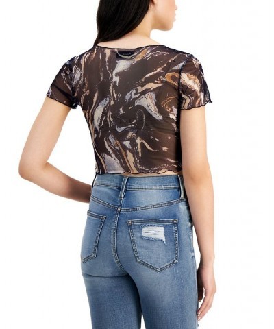 Juniors' Printed Mesh Notch-Front Cropped Top Sand Coco $7.86 Tops