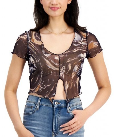 Juniors' Printed Mesh Notch-Front Cropped Top Sand Coco $7.86 Tops