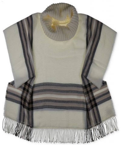 Women's Cowl-Neck Fringe-Trim Knit Plaid Poncho White $40.48 Sweaters
