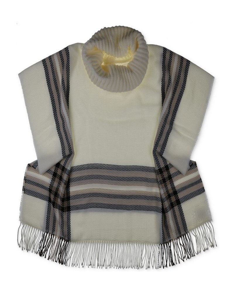 Women's Cowl-Neck Fringe-Trim Knit Plaid Poncho White $40.48 Sweaters