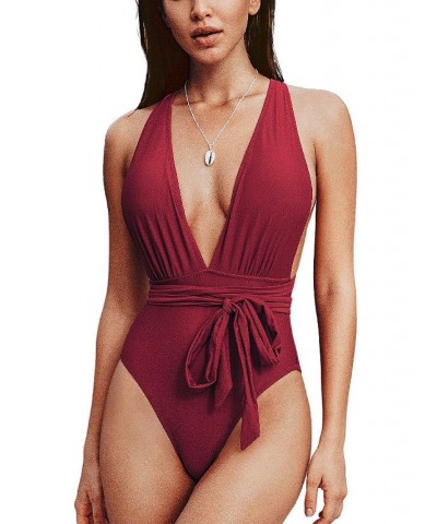 Women's Red Deep V Neck One Piece Swimsuit Red $25.44 Swimsuits