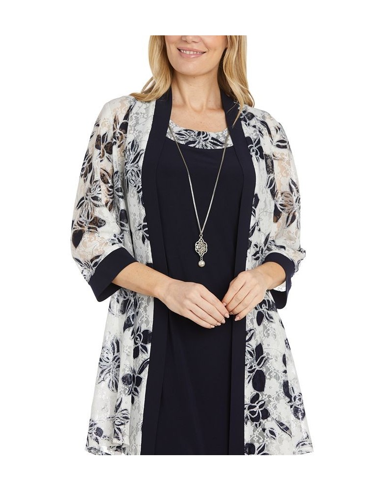 Women's Lace Jacket & Necklace Dress Navy/White $39.24 Dresses