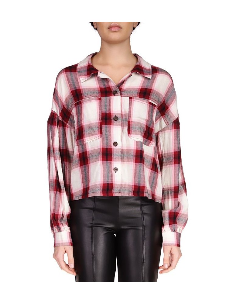 Plaid Flannel Button Down Top Pink $22.01 Tops