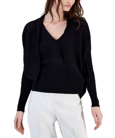 Women's Rounded Bottom-Stitch Cardigan Sweater Black $41.28 Sweaters