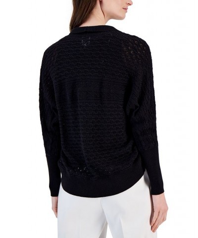 Women's Rounded Bottom-Stitch Cardigan Sweater Black $41.28 Sweaters