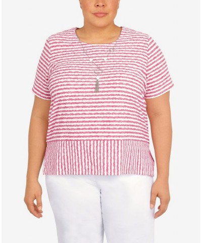 Plus Size Classic Stripe Texture Knit Top with Necklace Pink $34.94 Tops