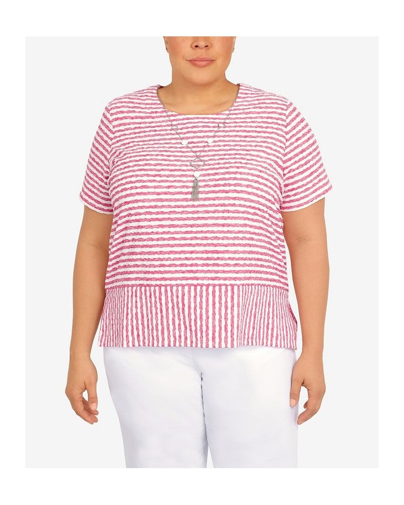 Plus Size Classic Stripe Texture Knit Top with Necklace Pink $34.94 Tops