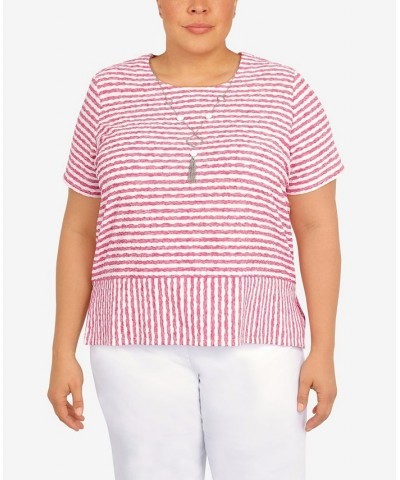 Plus Size Classic Stripe Texture Knit Top with Necklace Pink $34.94 Tops