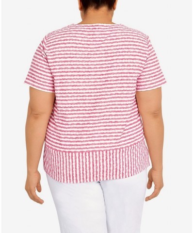 Plus Size Classic Stripe Texture Knit Top with Necklace Pink $34.94 Tops