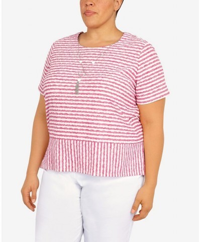 Plus Size Classic Stripe Texture Knit Top with Necklace Pink $34.94 Tops