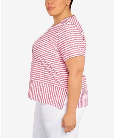 Plus Size Classic Stripe Texture Knit Top with Necklace Pink $34.94 Tops