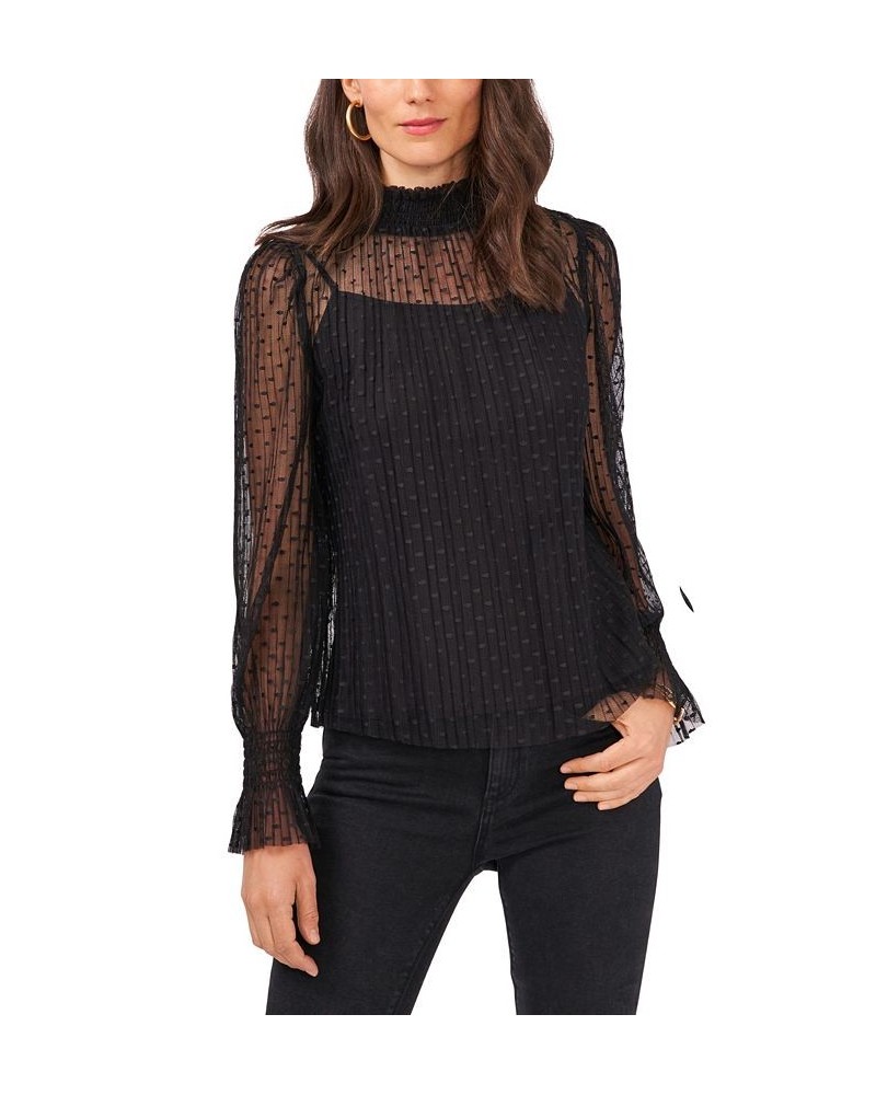 Women's Smocked Wrist Mesh Mock Neck Blouse Black $31.83 Tops