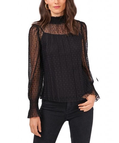 Women's Smocked Wrist Mesh Mock Neck Blouse Black $31.83 Tops