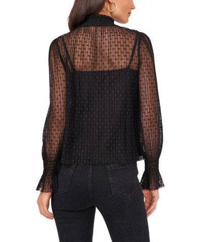 Women's Smocked Wrist Mesh Mock Neck Blouse Black $31.83 Tops