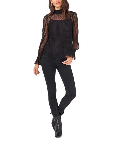 Women's Smocked Wrist Mesh Mock Neck Blouse Black $31.83 Tops