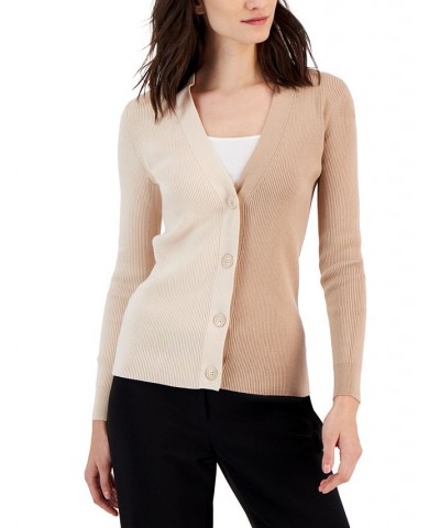 Women's Colorblocked Ribbed Cardigan Sweater Tan/Beige $35.39 Sweaters