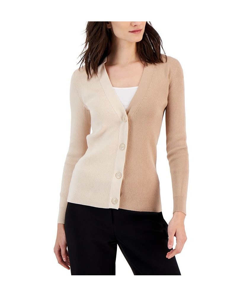 Women's Colorblocked Ribbed Cardigan Sweater Tan/Beige $35.39 Sweaters