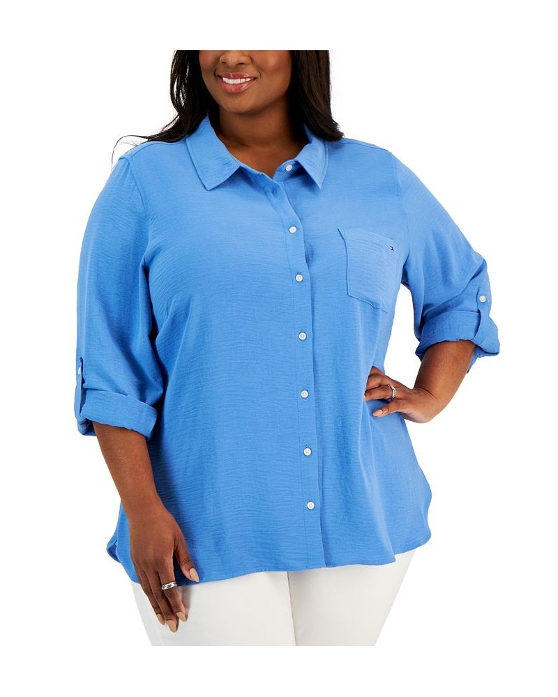 Plus Size Roll-Tab-Sleeve Button-Down Emblem Shirt Blue Haze $29.35 Tops