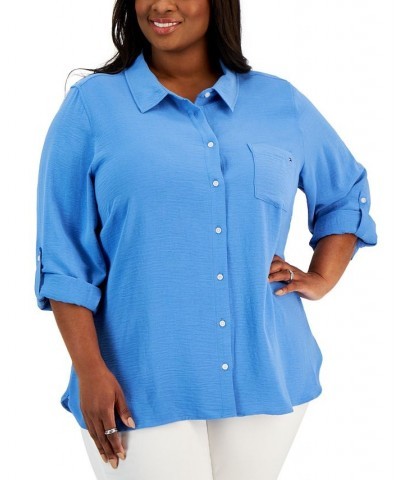 Plus Size Roll-Tab-Sleeve Button-Down Emblem Shirt Blue Haze $29.35 Tops