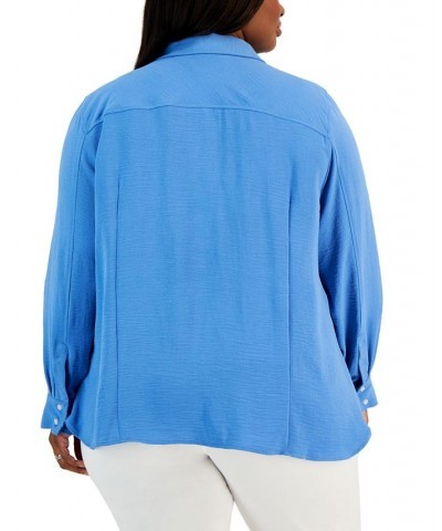 Plus Size Roll-Tab-Sleeve Button-Down Emblem Shirt Blue Haze $29.35 Tops