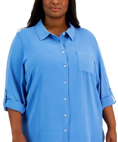 Plus Size Roll-Tab-Sleeve Button-Down Emblem Shirt Blue Haze $29.35 Tops