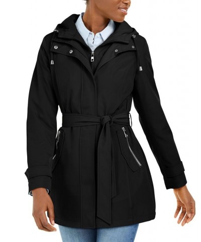 Women's Hooded Belted Water-Resistant Raincoat Black $79.80 Coats