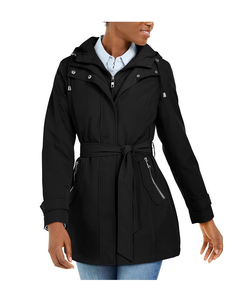 Women's Hooded Belted Water-Resistant Raincoat Black $79.80 Coats