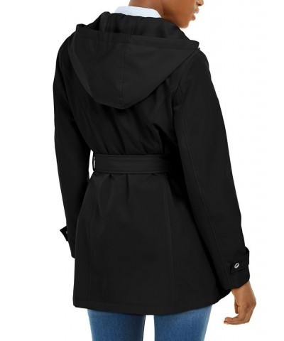 Women's Hooded Belted Water-Resistant Raincoat Black $79.80 Coats