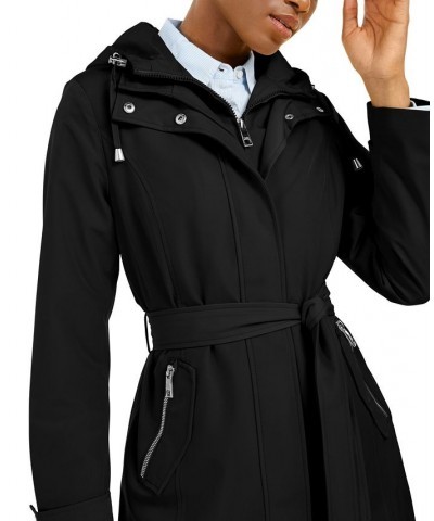 Women's Hooded Belted Water-Resistant Raincoat Black $79.80 Coats