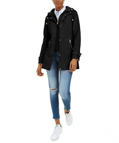 Women's Hooded Belted Water-Resistant Raincoat Black $79.80 Coats