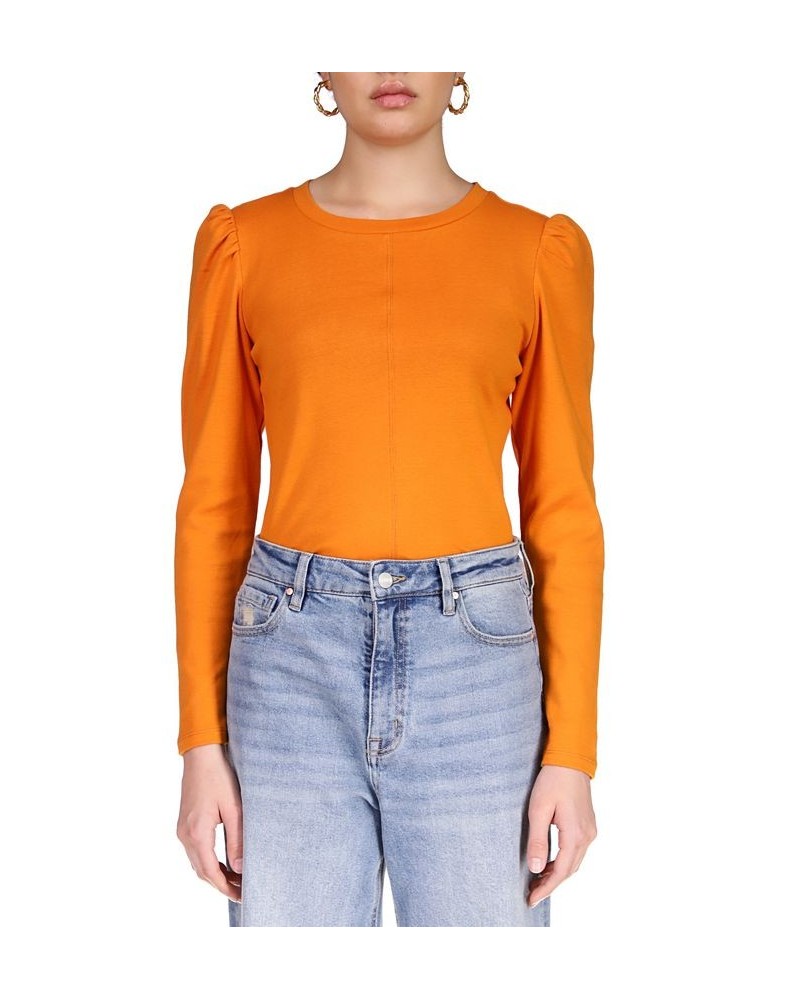 Puff Sleeve Center Seam Long Sleeve Top Orange $23.61 Tops