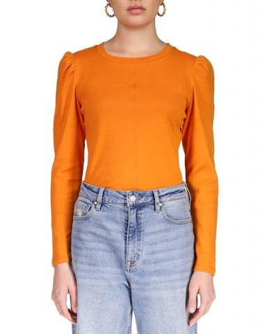 Puff Sleeve Center Seam Long Sleeve Top Orange $23.61 Tops