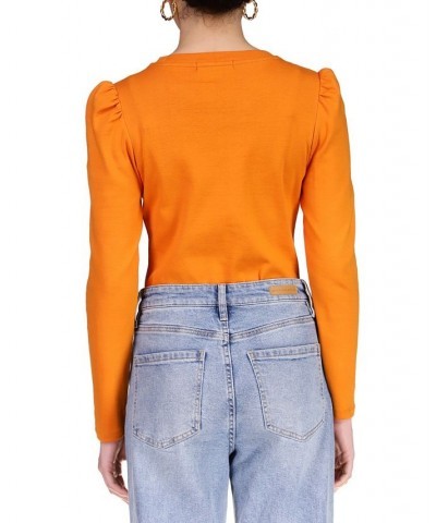 Puff Sleeve Center Seam Long Sleeve Top Orange $23.61 Tops