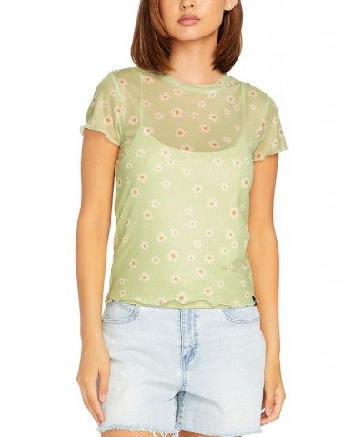 Juniors' Cryptogram Mesh-Overlay Cap-Sleeve Top Sage $23.78 Tops